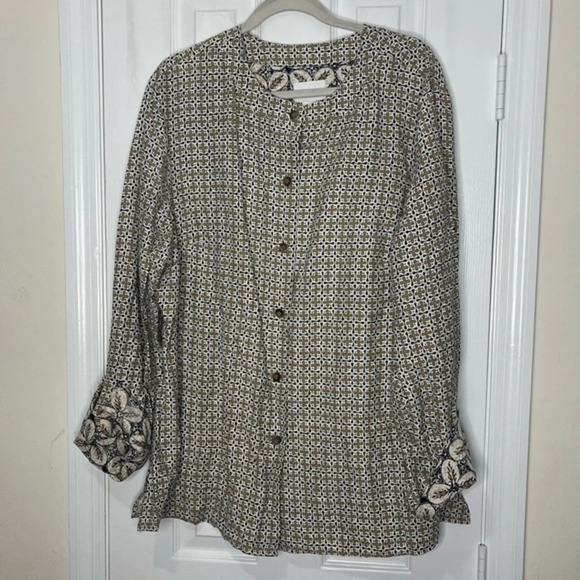 Liz Claiborne Silk Linen Blend Long Sleeve Button Down Patterned Shirt 2X - Picture 1 of 6